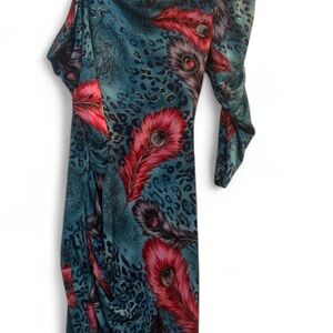Vintage one shoulder dress with printed pink feathers in a leopard print